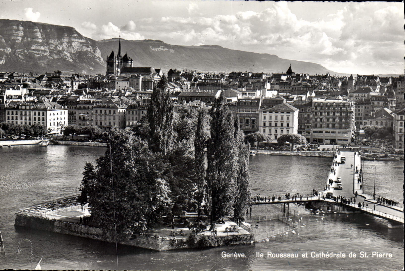 MODERN CARD Geneva Island Rousseau and cathedral St Pierre