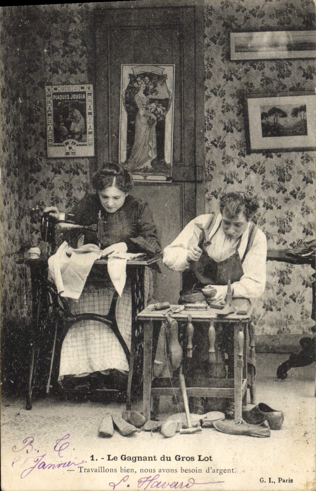 VINTAGE POSTCARD Fantaisie Woman gaining It of the first prize Loterie Sewing machine