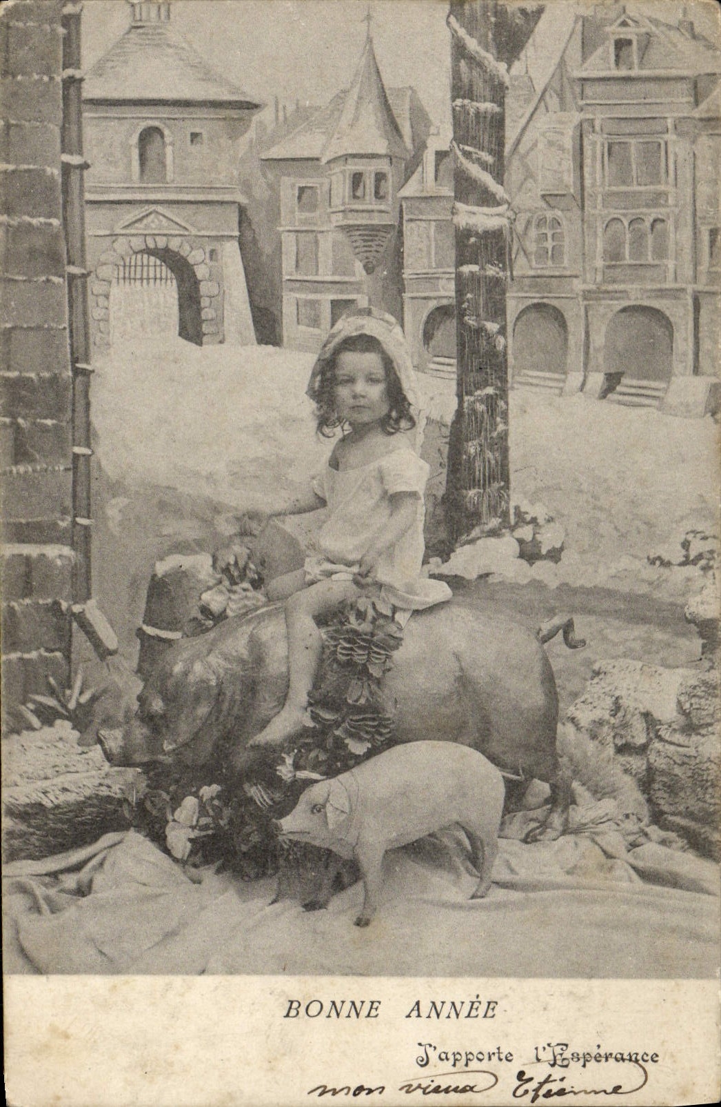 VINTAGE POSTCARD Fantasy Child Happy New Year pig Pig