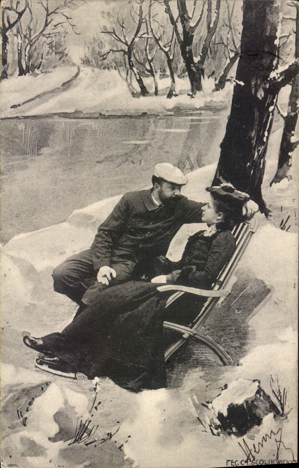 VINTAGE POSTCARD Fantaisie Woman in long chair Iceskates