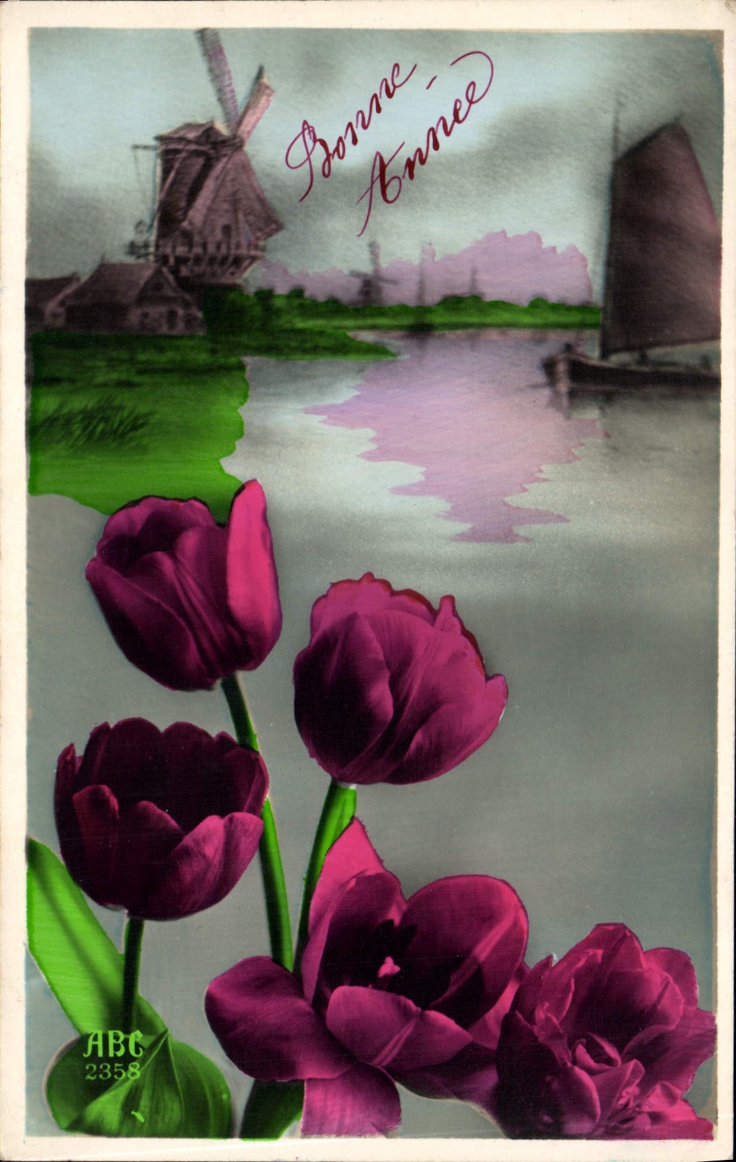 VINTAGE POSTCARD Fantasy Flowers Windmill