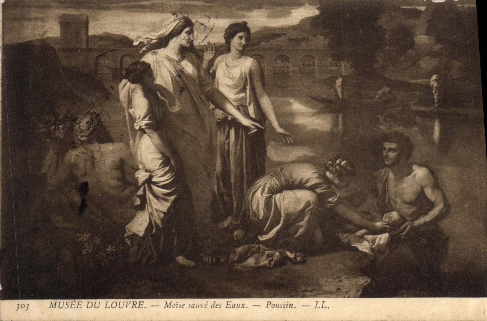 VINTAGE POSTCARD Fantaisie Museum of Louvre Paris Braces safe Poussin water