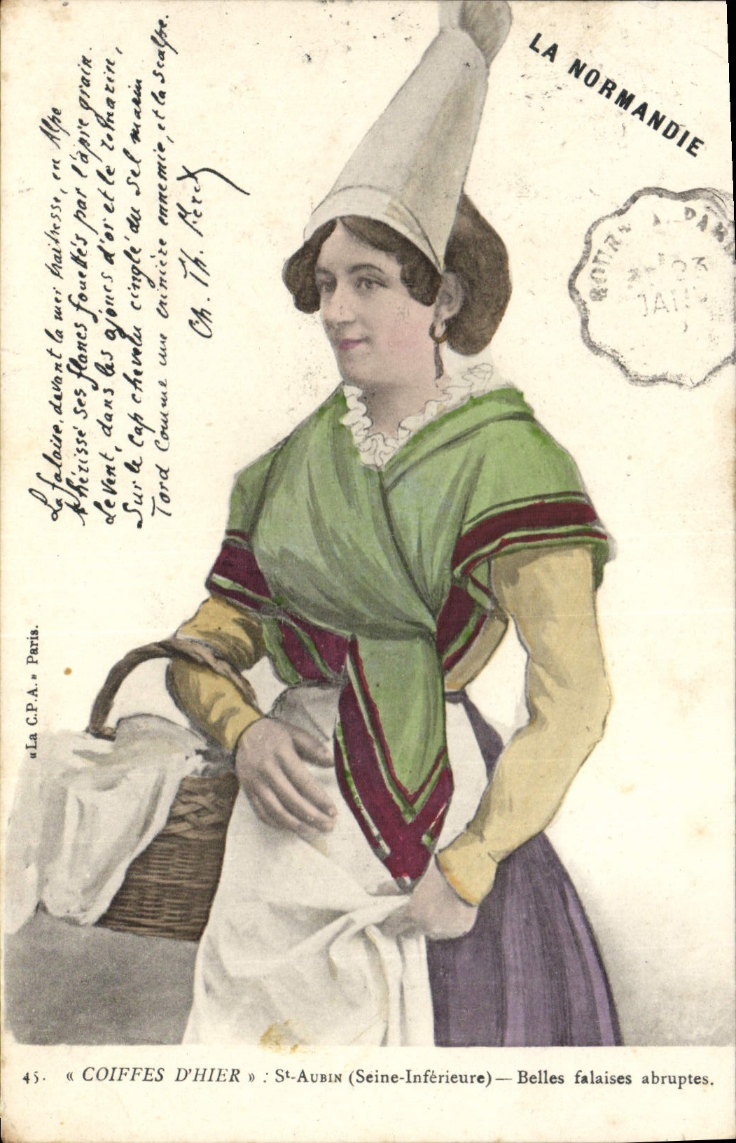 CPA Fantaisie Femme St Aubin Normandie Folklore