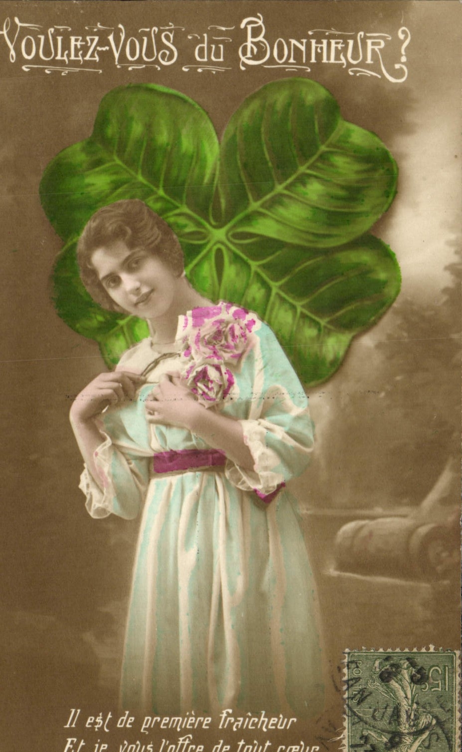 VINTAGE POSTCARD Want Happiness Woman Clover