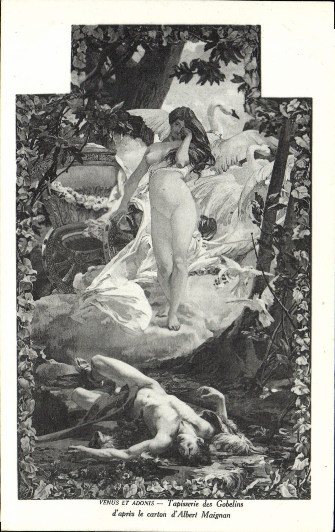 VINTAGE POSTCARD Fantasy Come and Adonis Tapestry from the Goblins Albert Maignan Swan