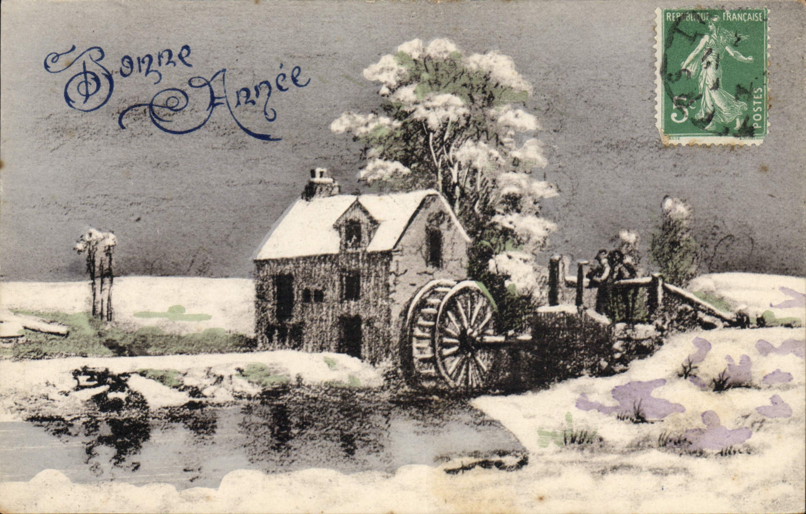CPA Fantaisie Bonne Annee Moulin a eau
