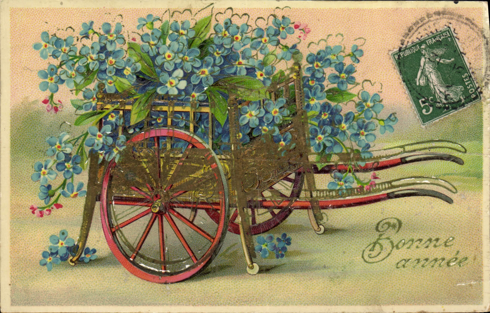 VINTAGE POSTCARD Fantasy Flowers Cart