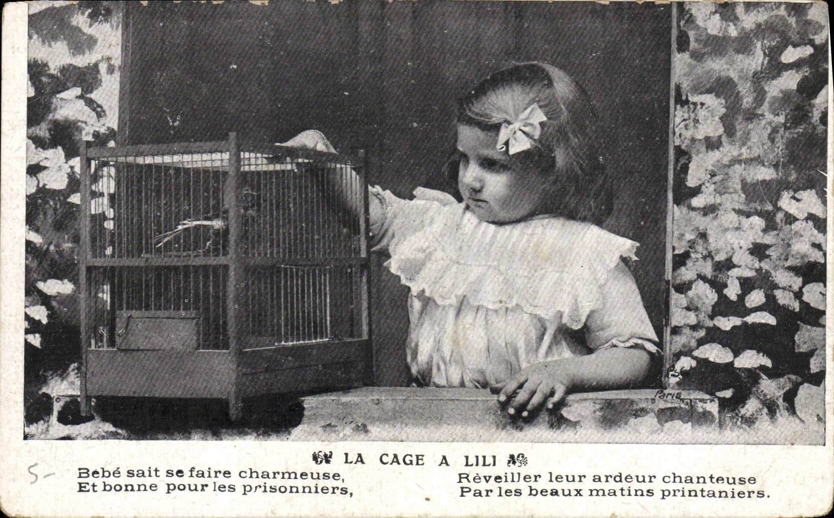 VINTAGE POSTCARD Fantaisie Child the cage has lili bird