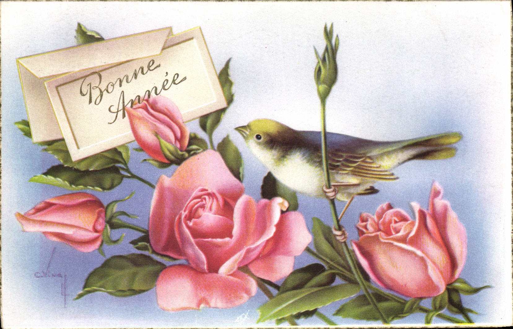 CPA Fantaisie Fleurs Oiseau