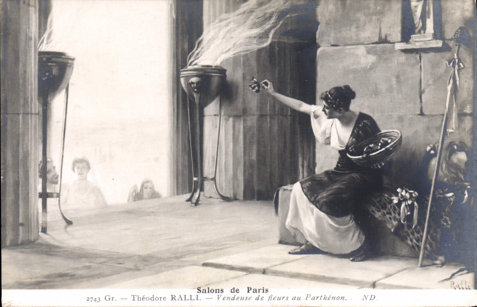 VINTAGE POSTCARD Fantasy Living rooms of Paris Theodore Ralli Saleswoman of flowers in the Parthenon