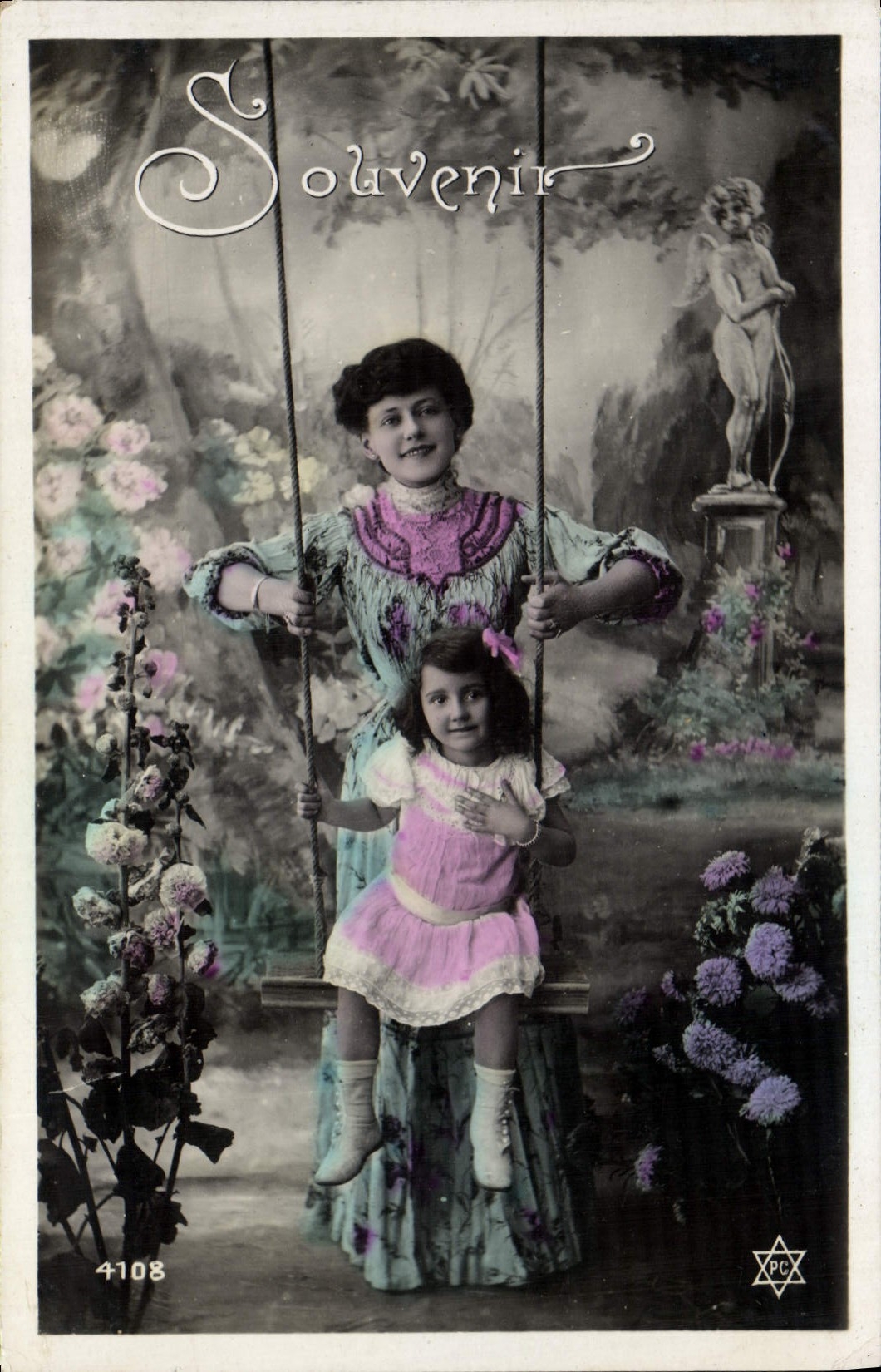 VINTAGE POSTCARD Fantasy Child Woman Swing