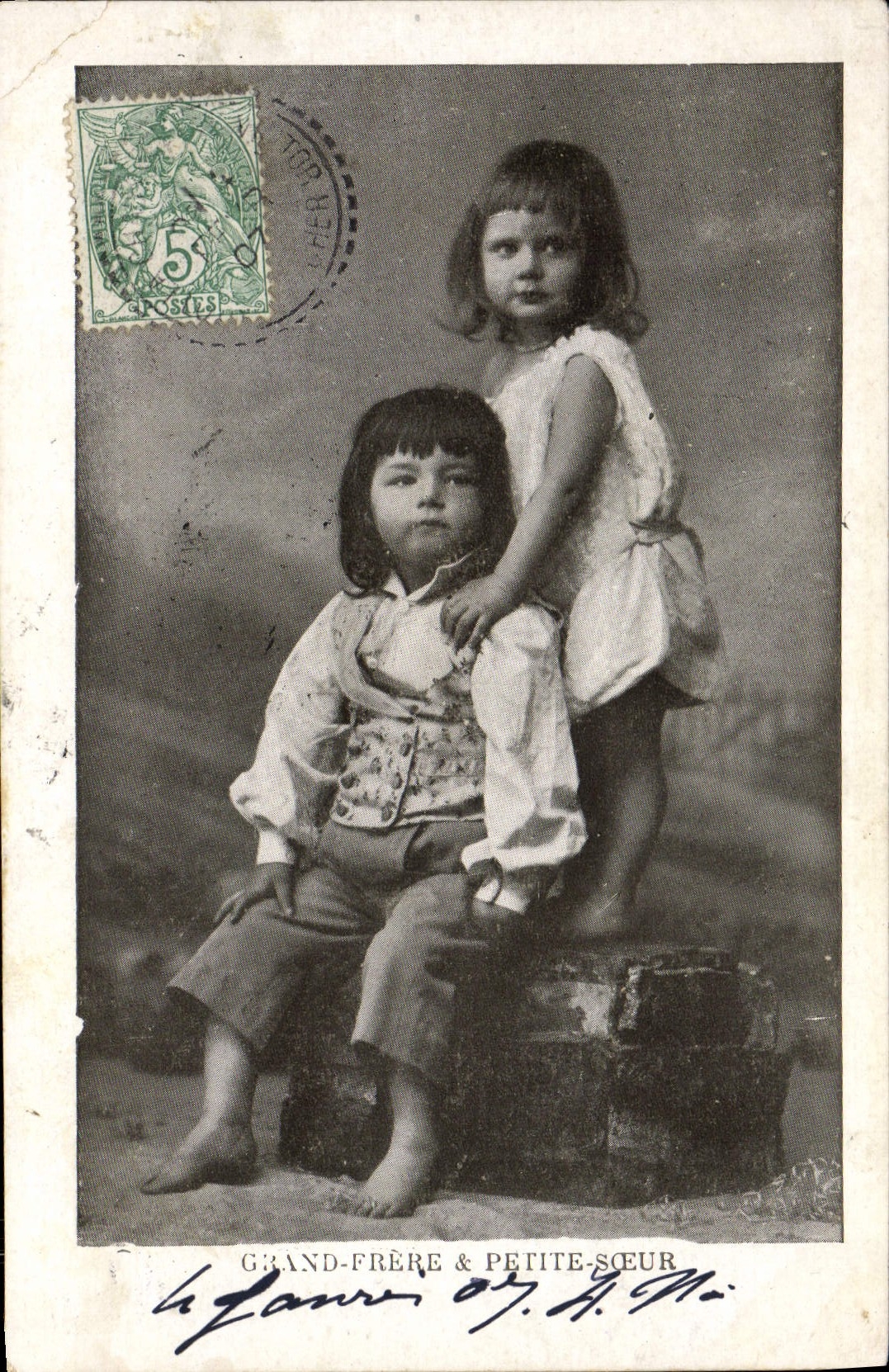 VINTAGE POSTCARD Fantasy Children Big brother and little sister