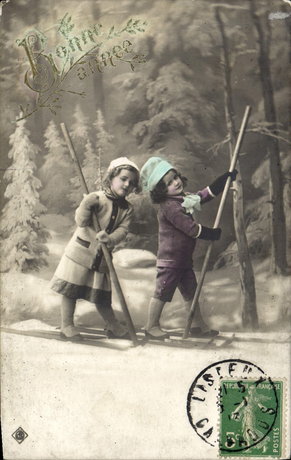 VINTAGE POSTCARD Fantasy Children Skis Ski