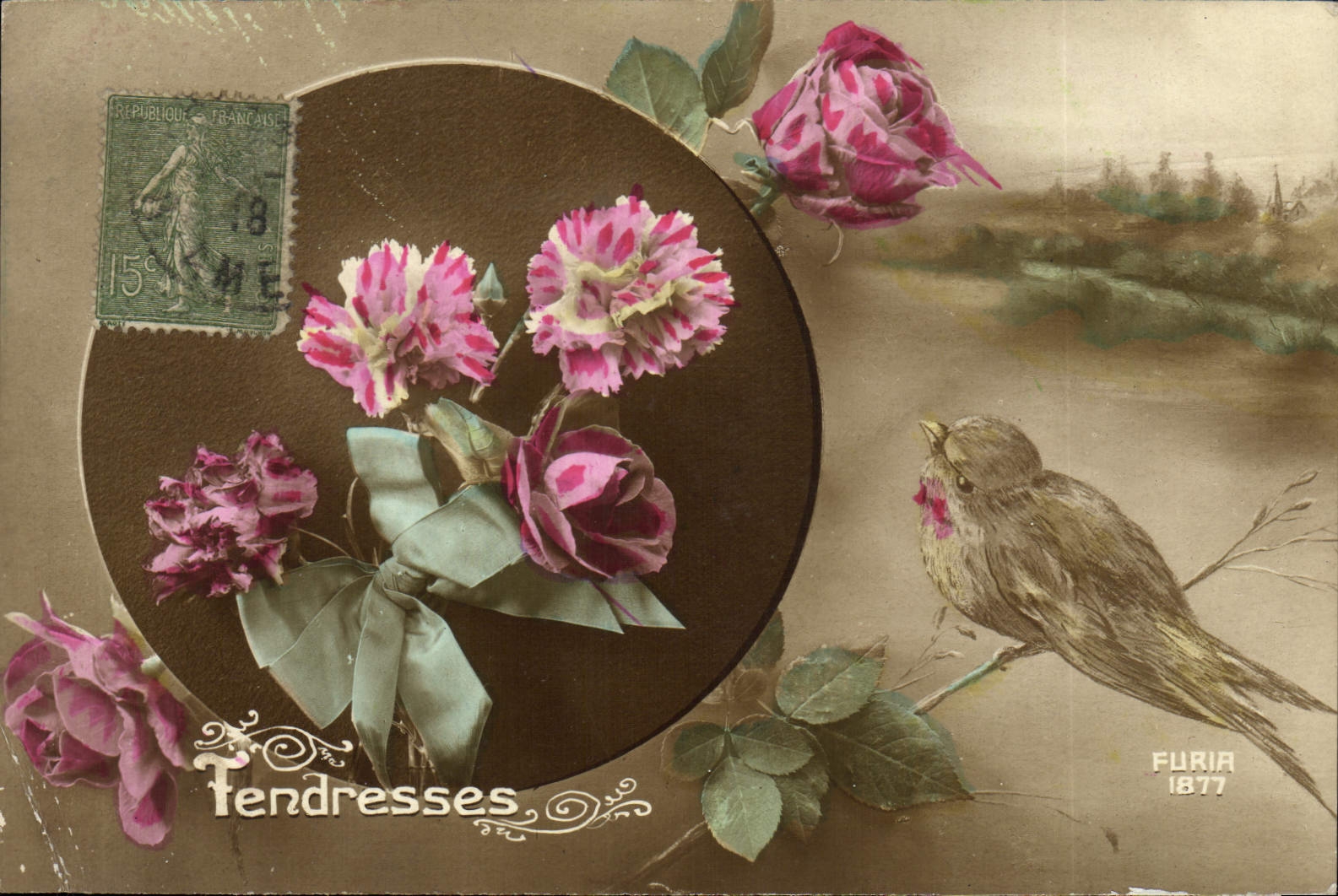 CPA Fantaisie Fleurs Oiseau