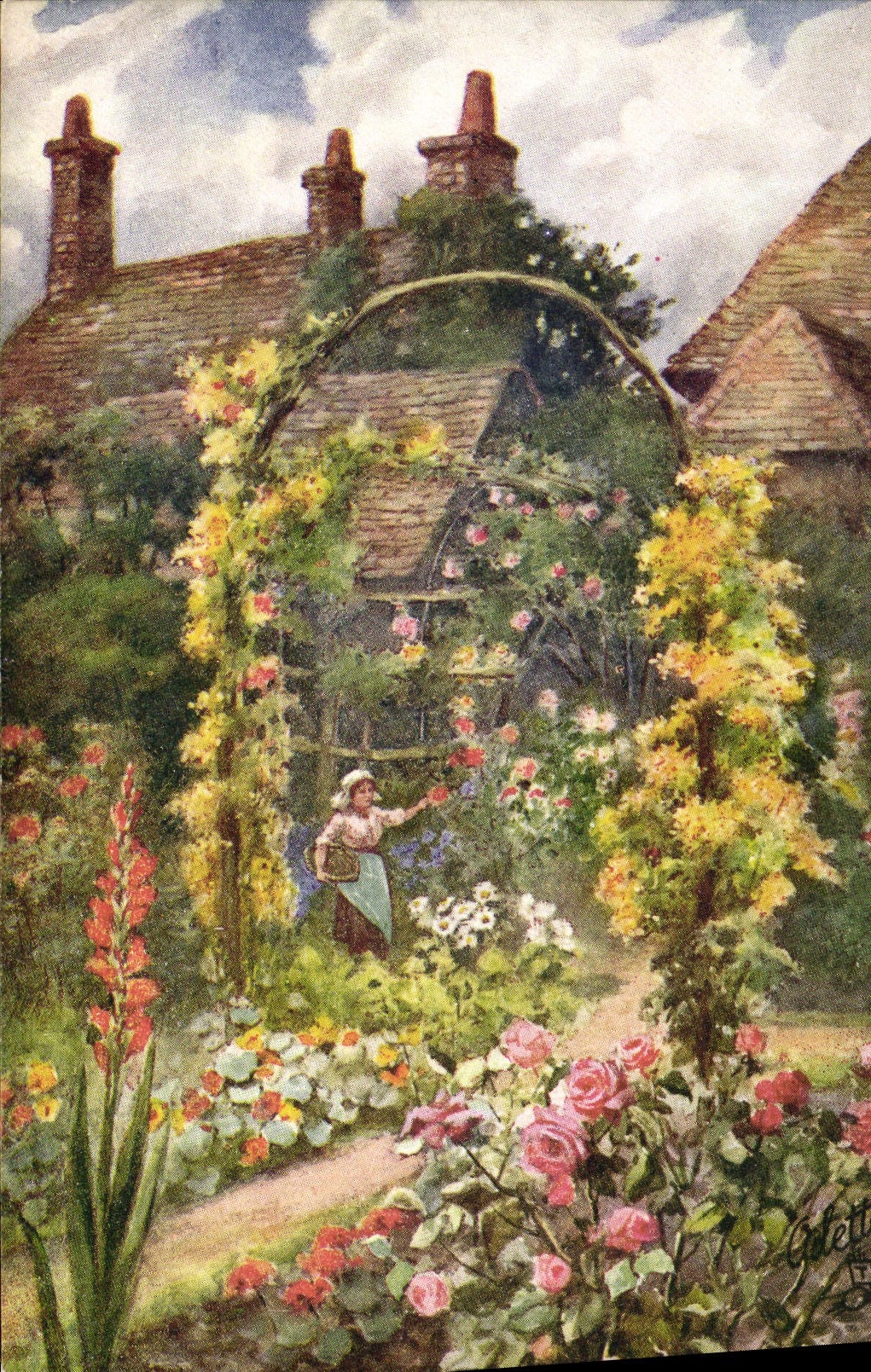 VINTAGE POSTCARD Fantasy Flowers Woman with the garden