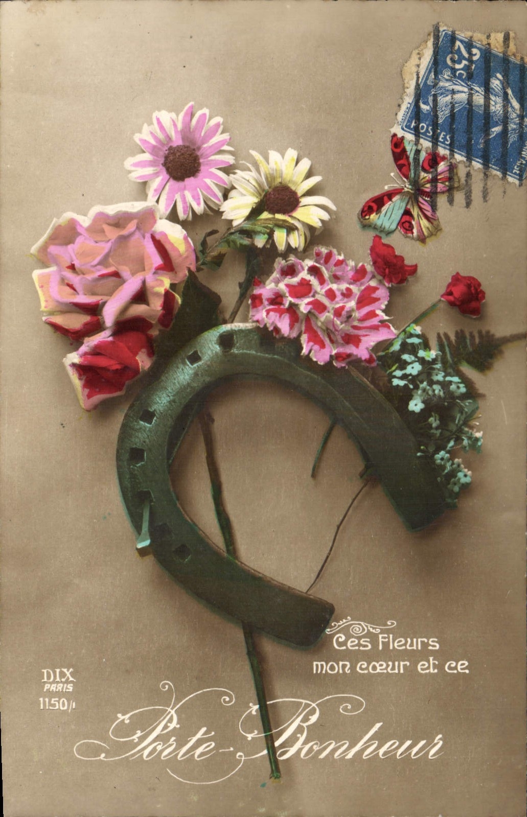 CPA Fantaisie Fleurs Fer a cheval