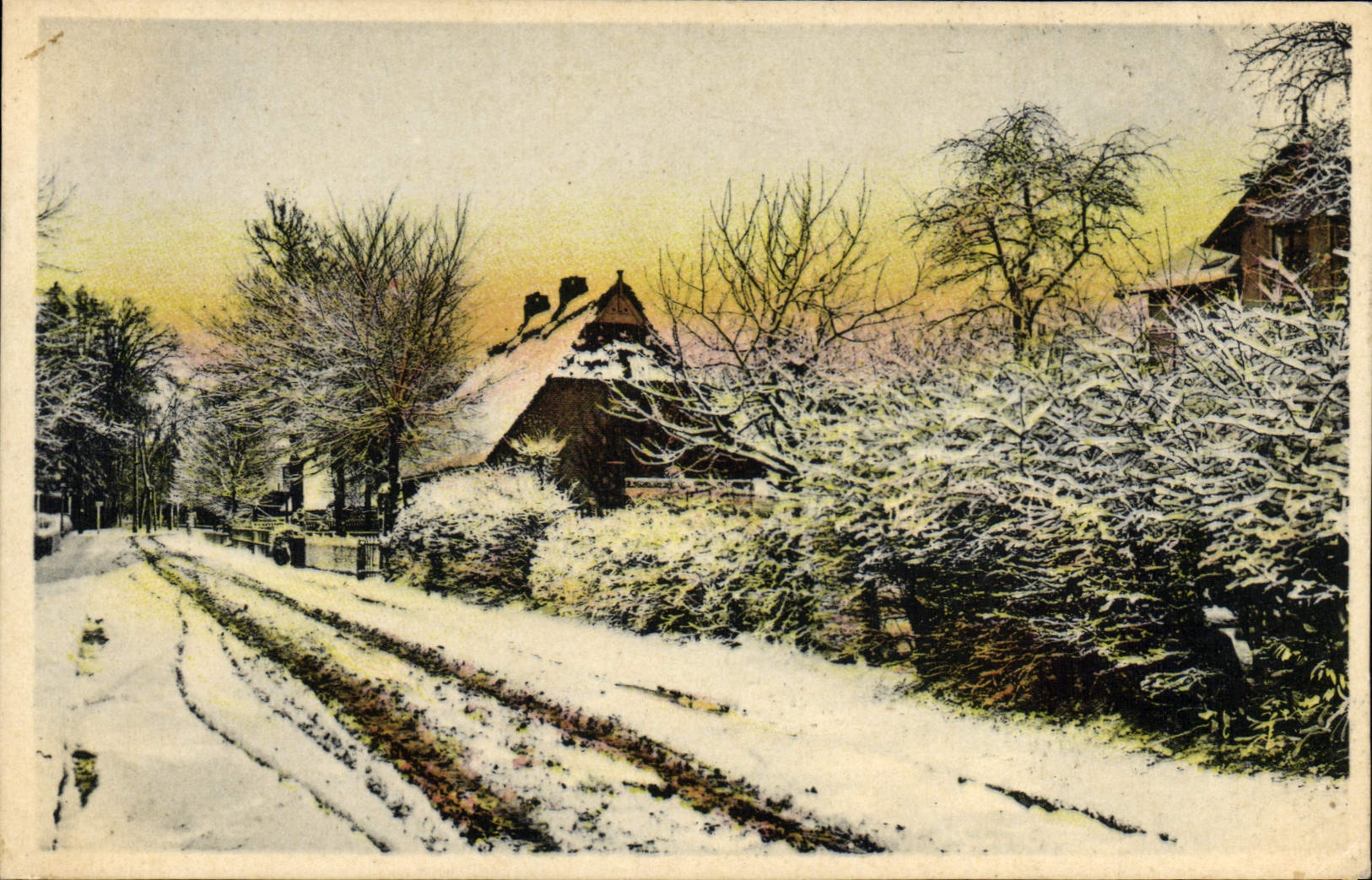 VINTAGE POSTCARD Fantasy Landscape Road in snow