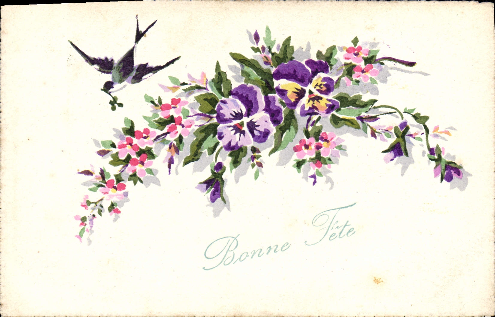 CPA Fantaisie Fleurs Oiseau