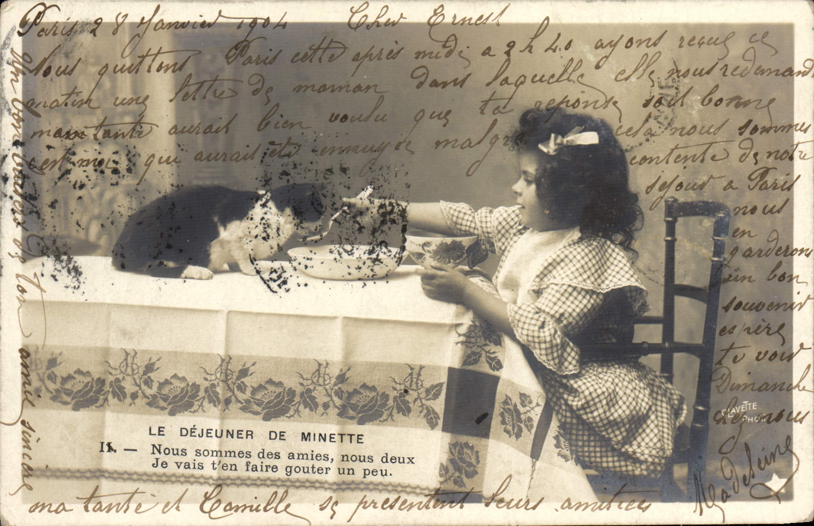 CPA Fantaisie Enfant Chat Chaton Le dejeuner de Minette 