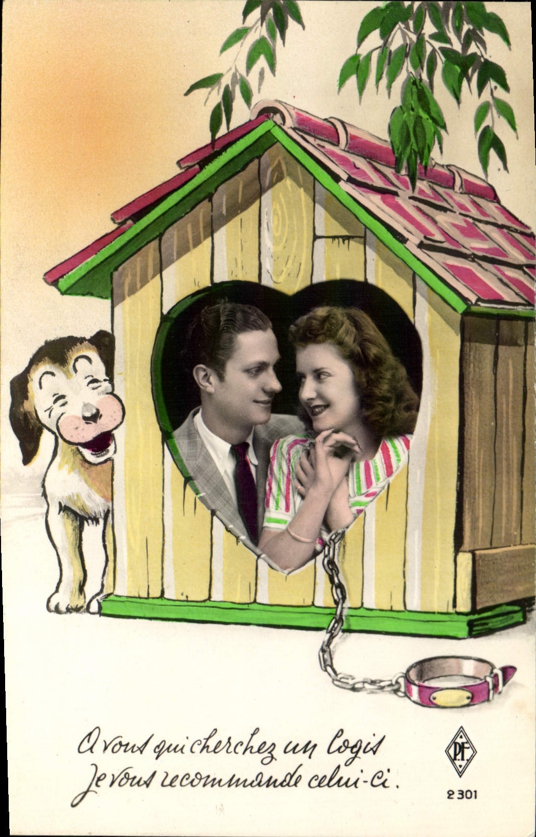 VINTAGE POSTCARD Fantasy Woman Dog niche