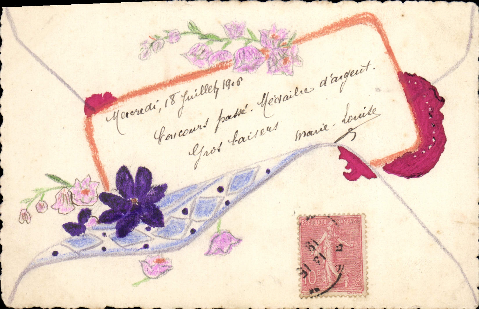 CPA Fantaisie Fleurs lettre (dessin a la main)