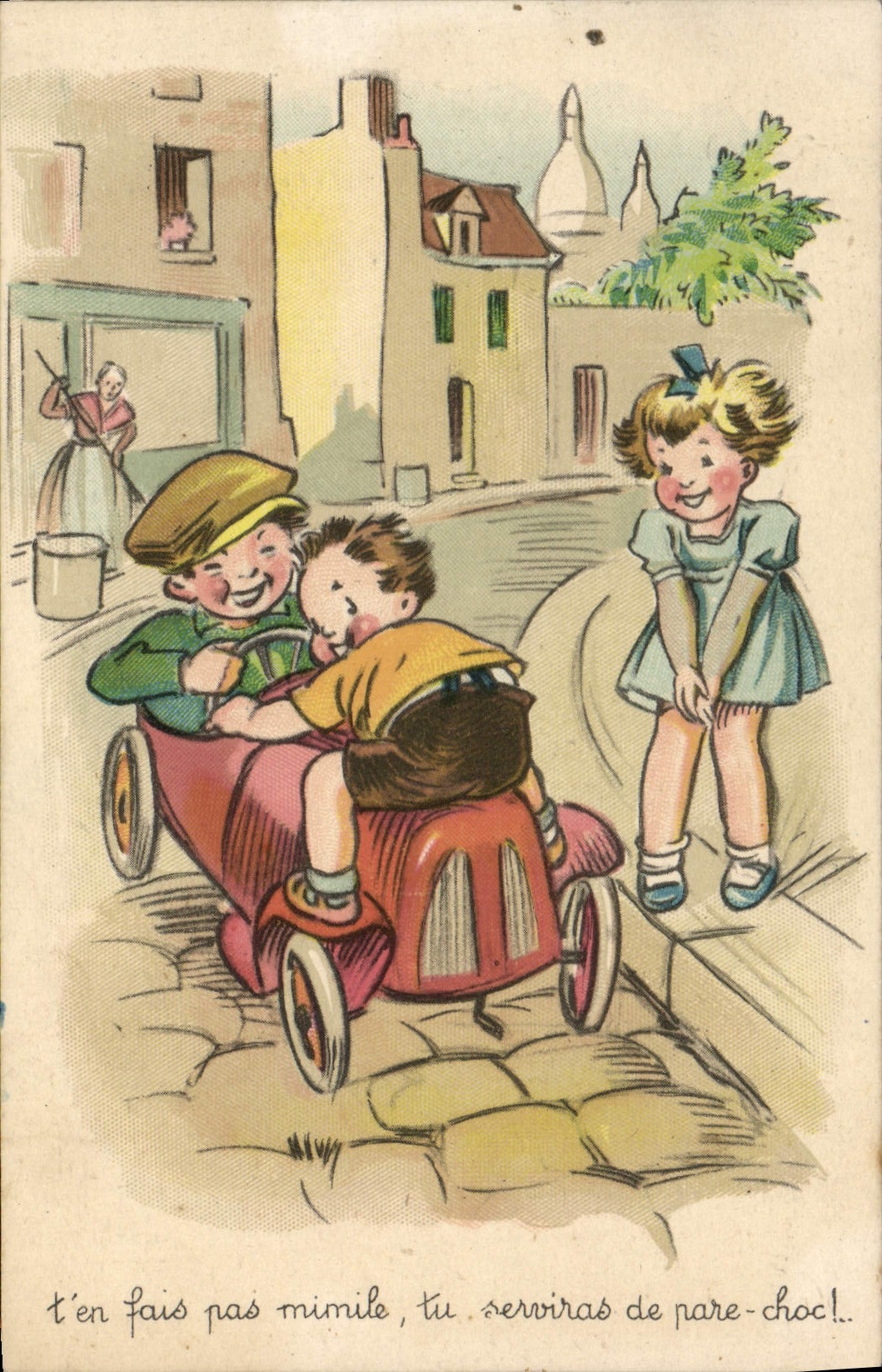 VINTAGE POSTCARD Fantasy Children Car Baby carriage