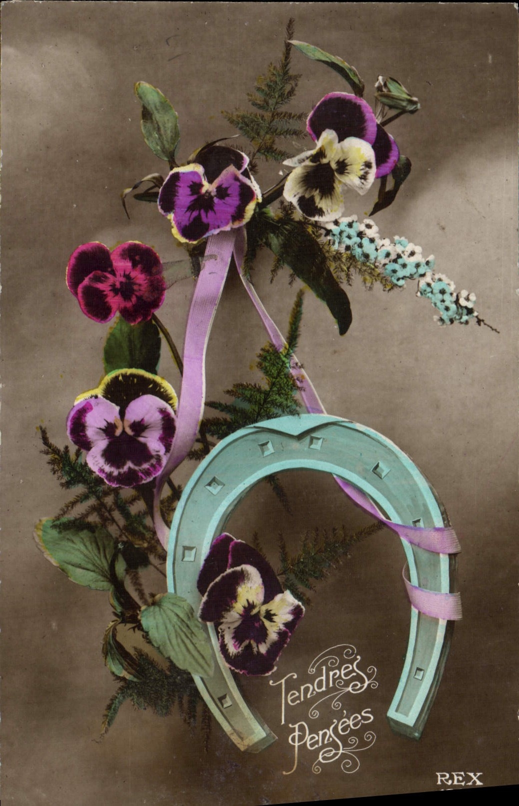 VINTAGE POSTCARD Fantaisie Flowers Horseshoe
