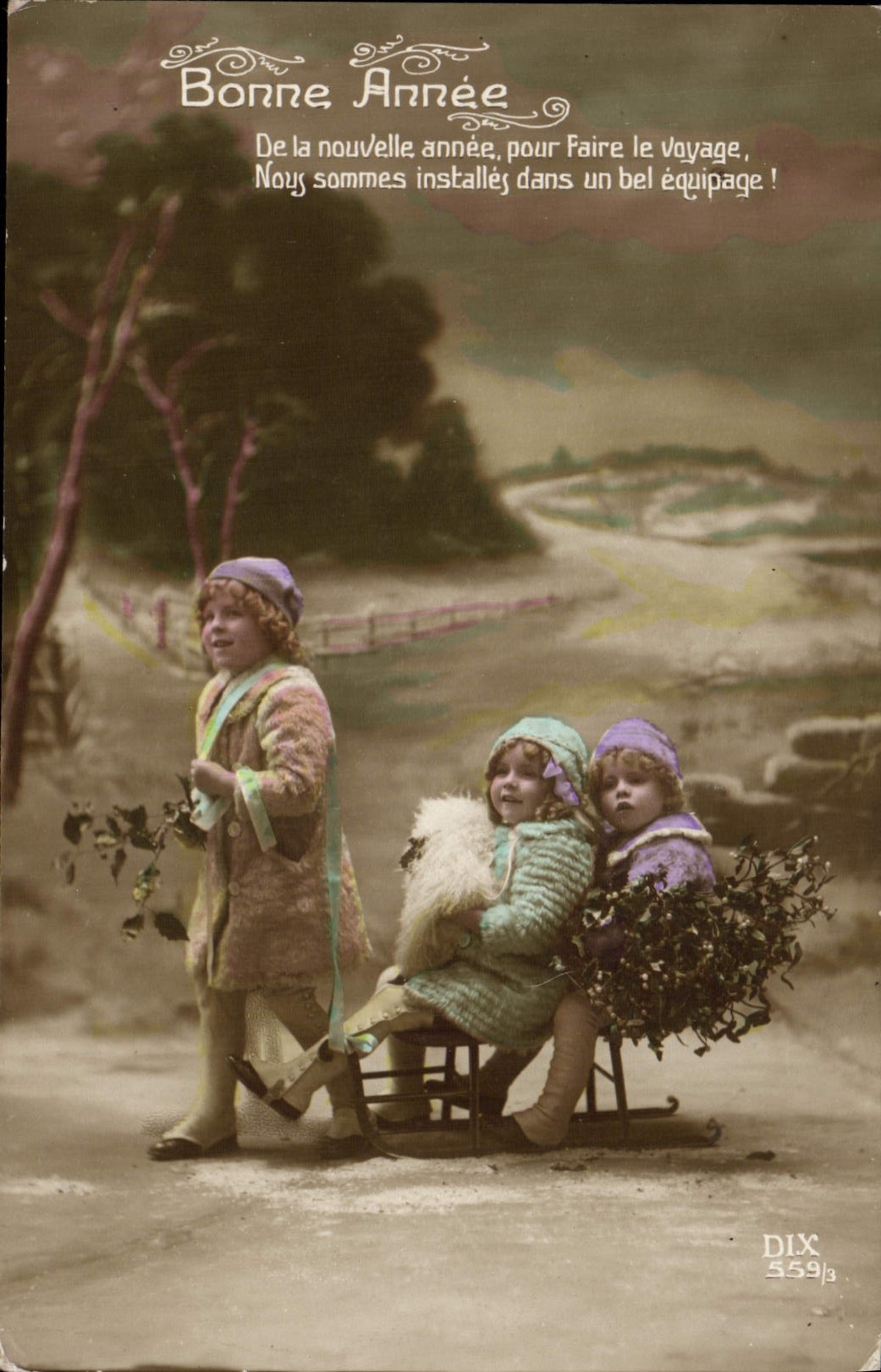 VINTAGE POSTCARD Fantasy Children Toboggan