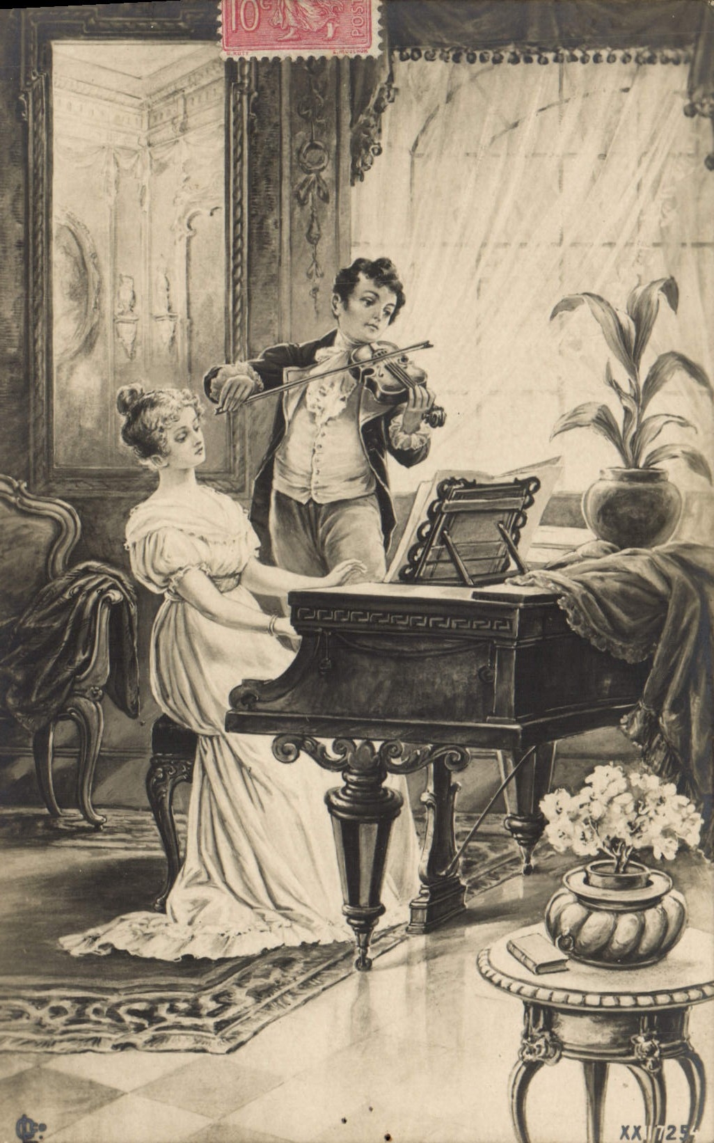 CPA Fantaisie Femme Piano violon 