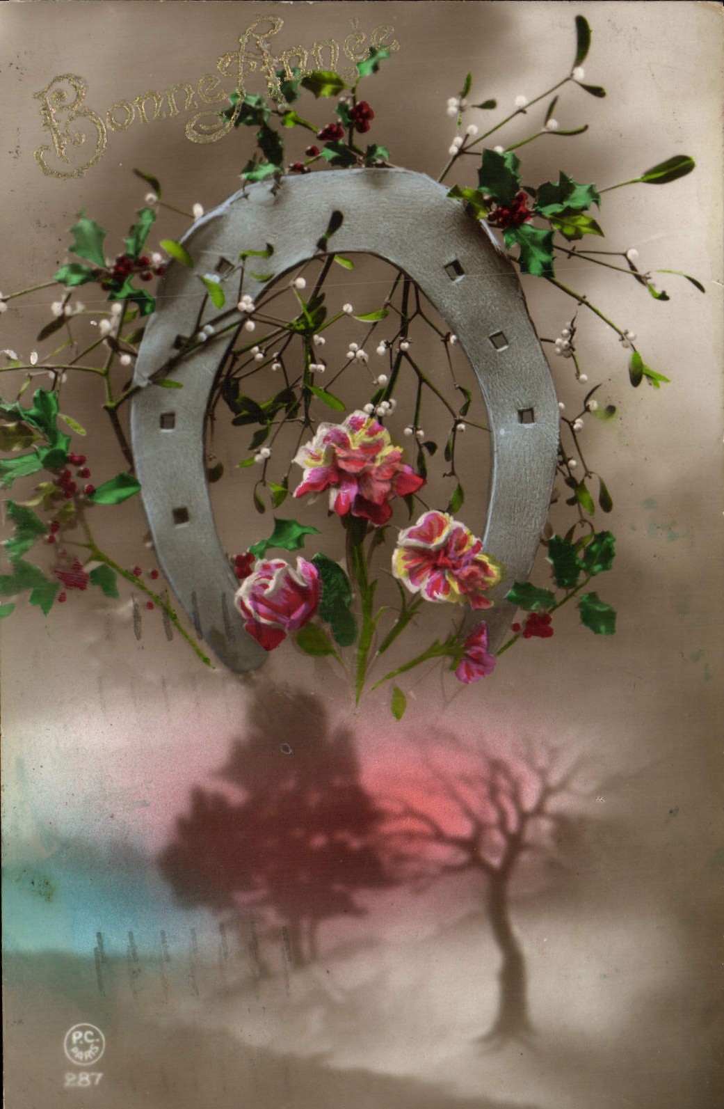 VINTAGE POSTCARD Fantaisie Flowers Horseshoe