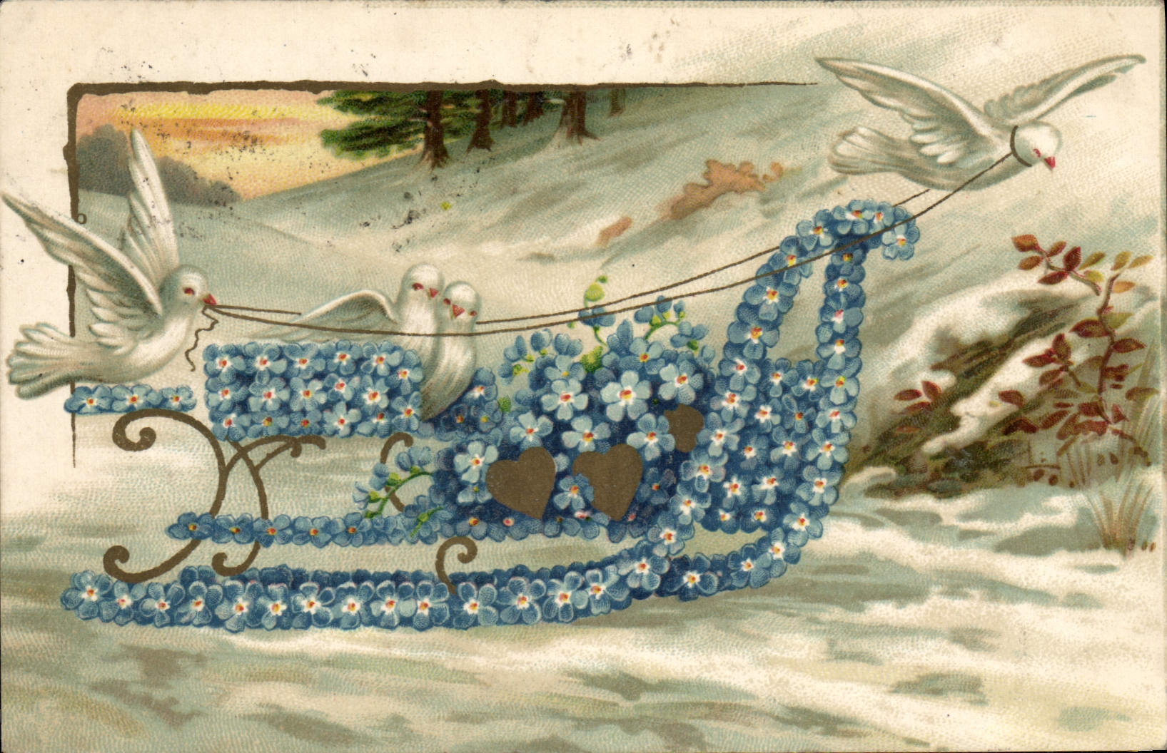 La fantasía de la POSTAL de la VENDIMIA florece palomas