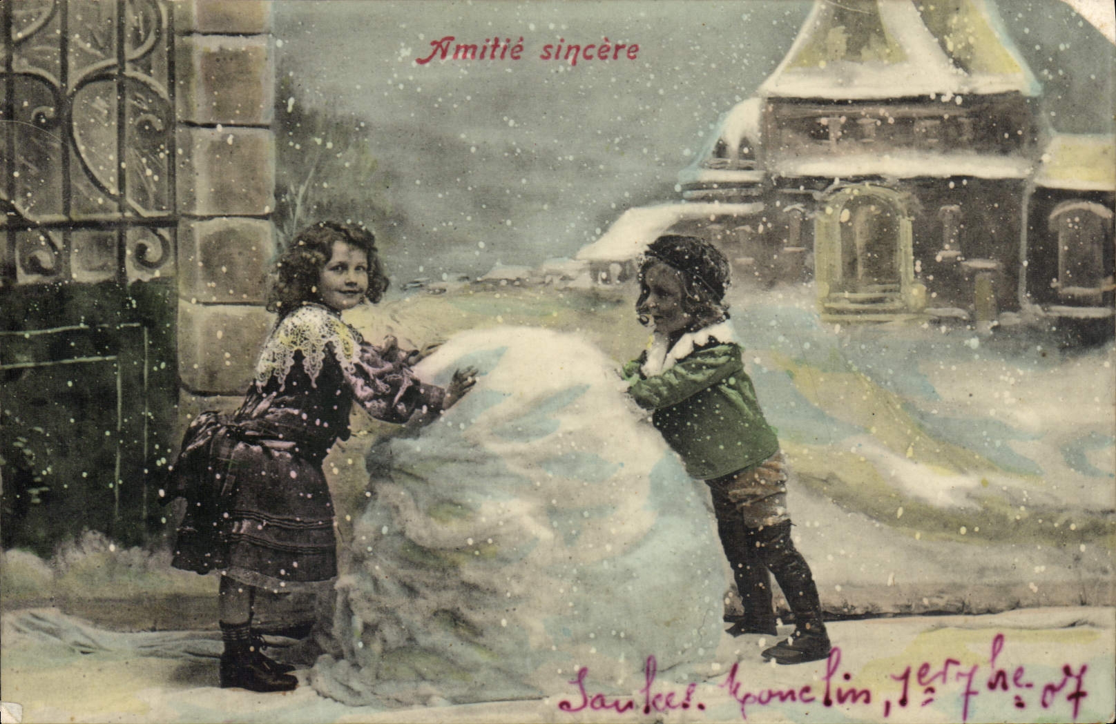 VINTAGE POSTCARD Fantasy Children Snowman