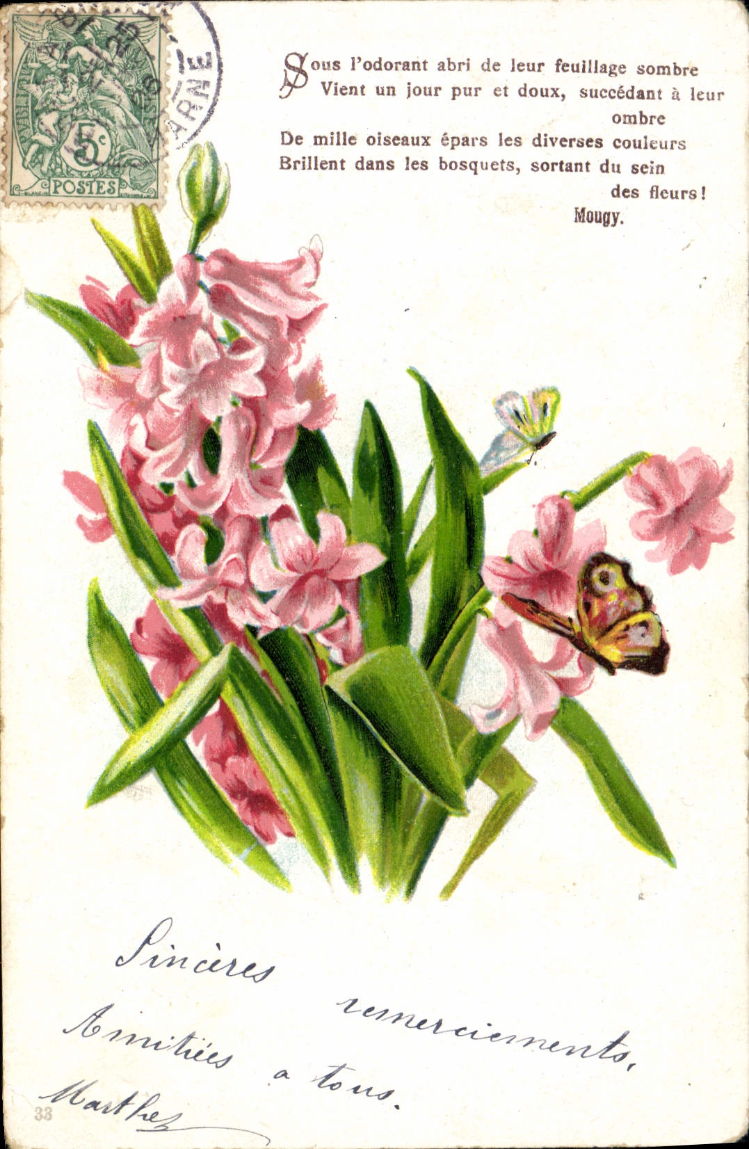 La fantasía de la POSTAL de la VENDIMIA florece mariposas