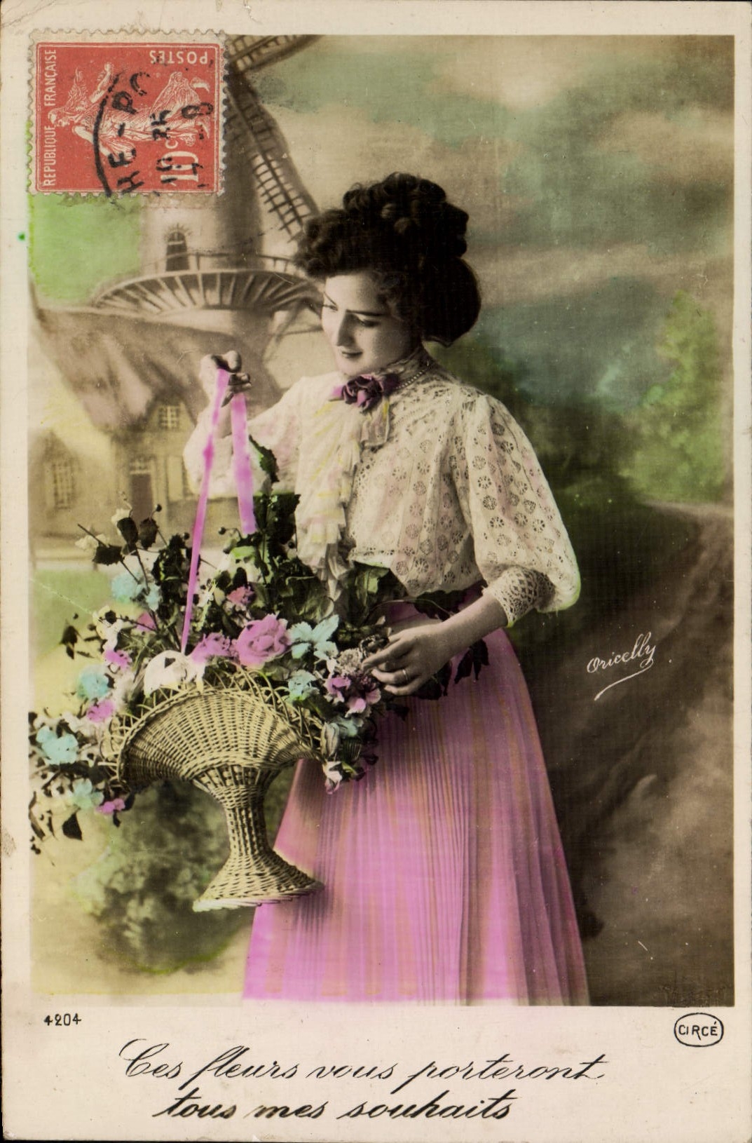 VINTAGE POSTCARD Fantasy Woman Windmill