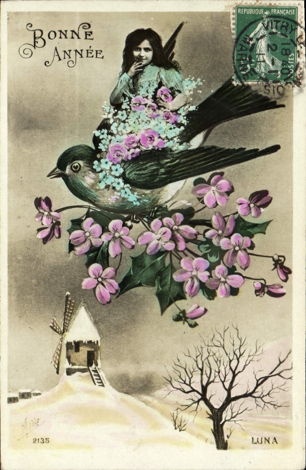 CPA Fantaisie Enfant Oiseau Moulin a vent