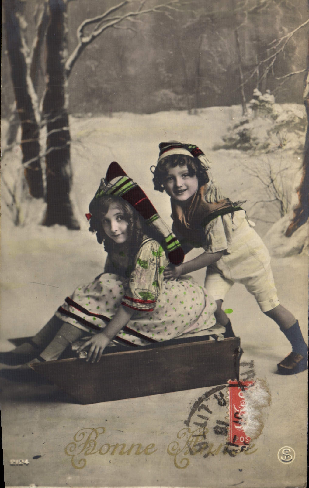 VINTAGE POSTCARD Fantasy Children Toboggan