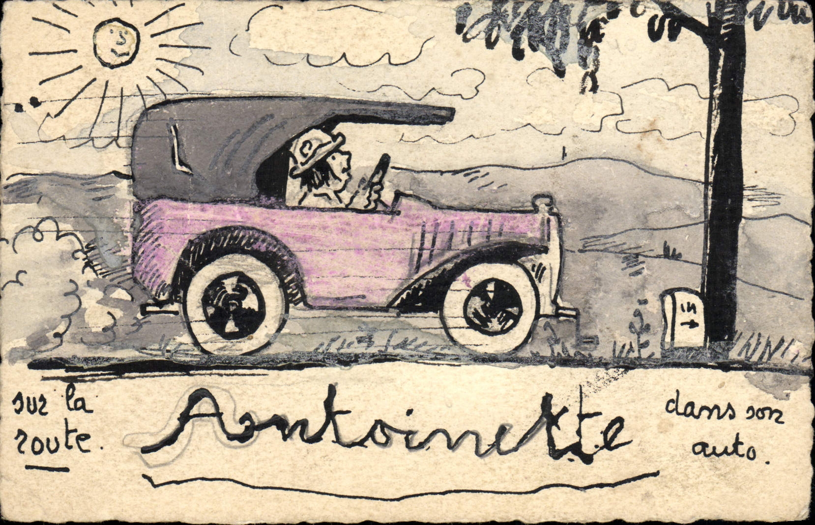 CPA Fantaisie Femme Antoinette Automobile (dessin a la main)