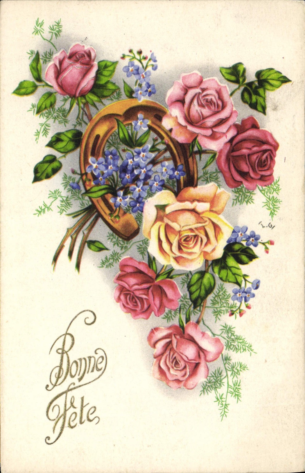 VINTAGE POSTCARD Fantaisie Flowers Horseshoe