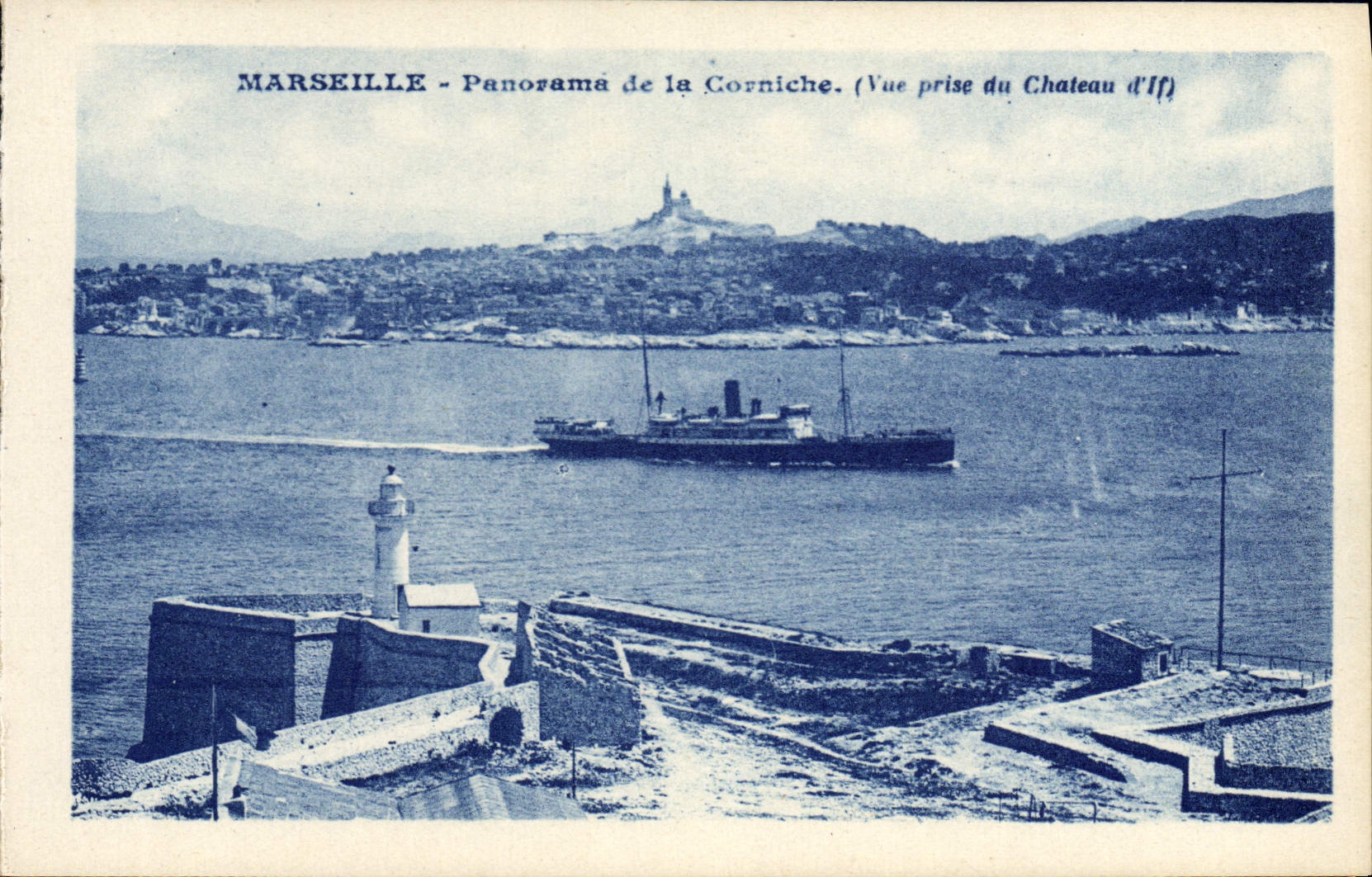 Panorama de Marsella de la POSTAL de la VENDIMIA de la cornisa vista del castillo del barco del tejo