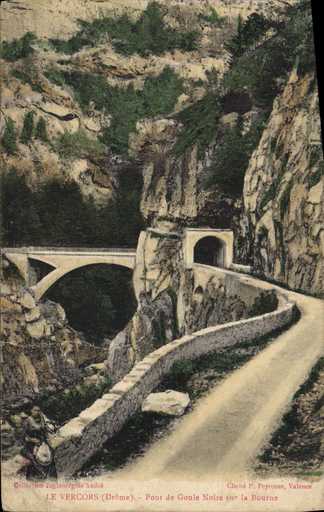 POSTAL Vercors Bridge De Goule Black de la VENDIMIA en la valencia de Badel de los laboratorios de Mycidol Anitseptique de la publicidad de Bourne en el Rhone