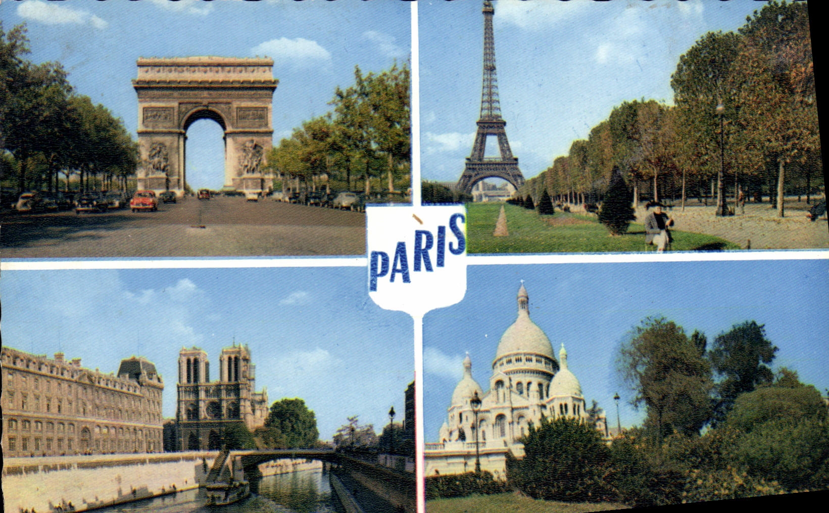 POSTAL MODERNA París Arc de Triomphe la torre Eiffel Notre Dame el corazón de la consagración