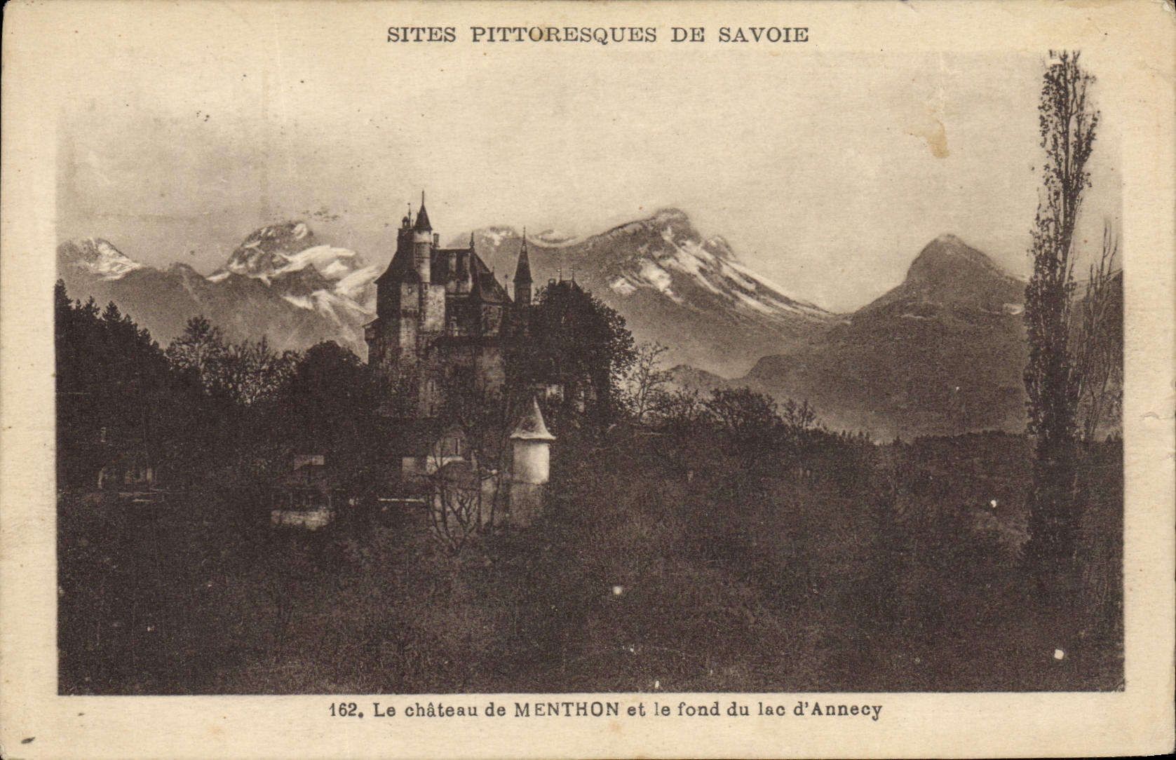 POSTAL de la VENDIMIA el castillo de Menthon y parte inferior del lago annecy