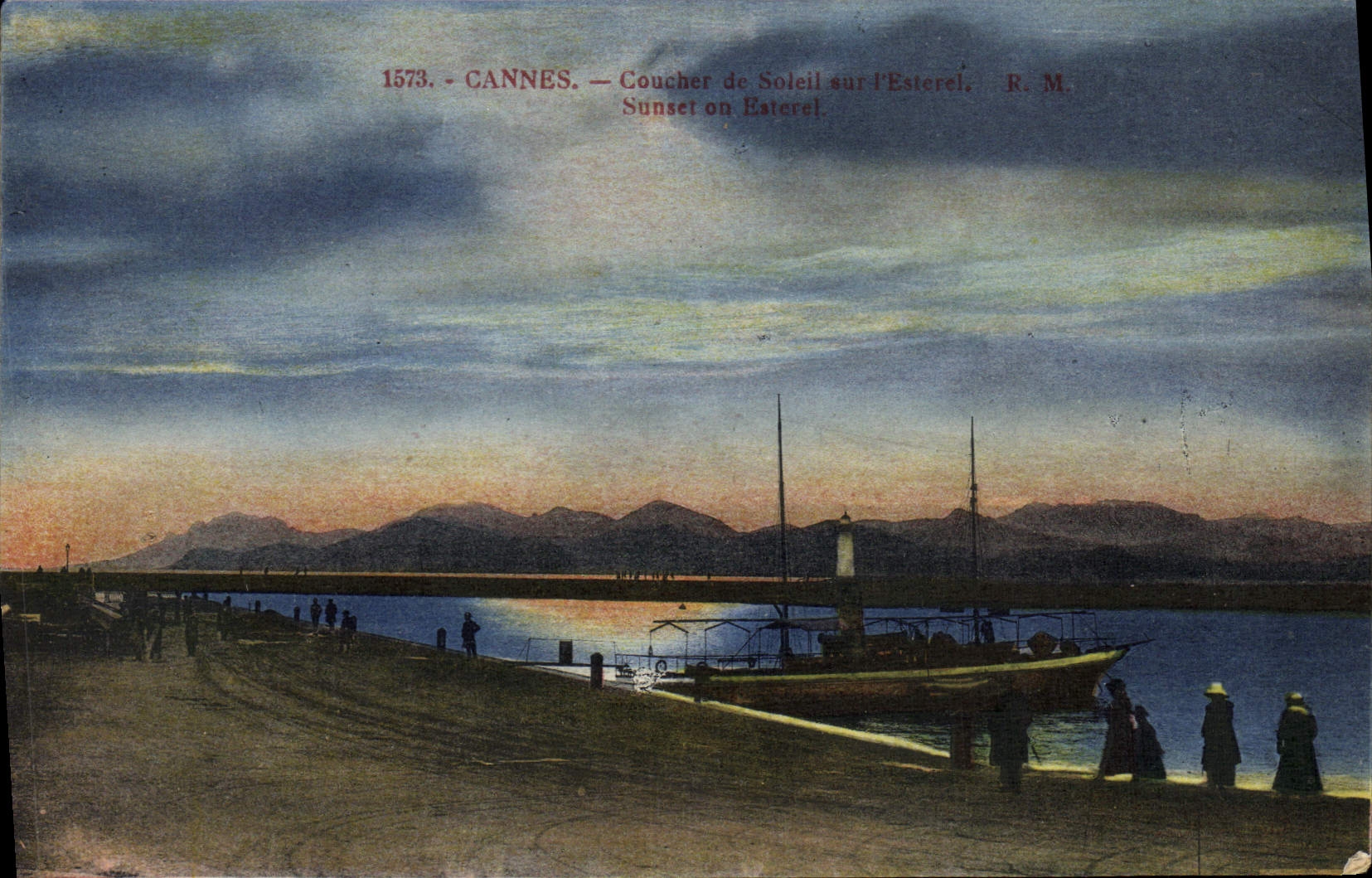 VINTAGE POSTCARD Cannes Sunset on Esterel Boat