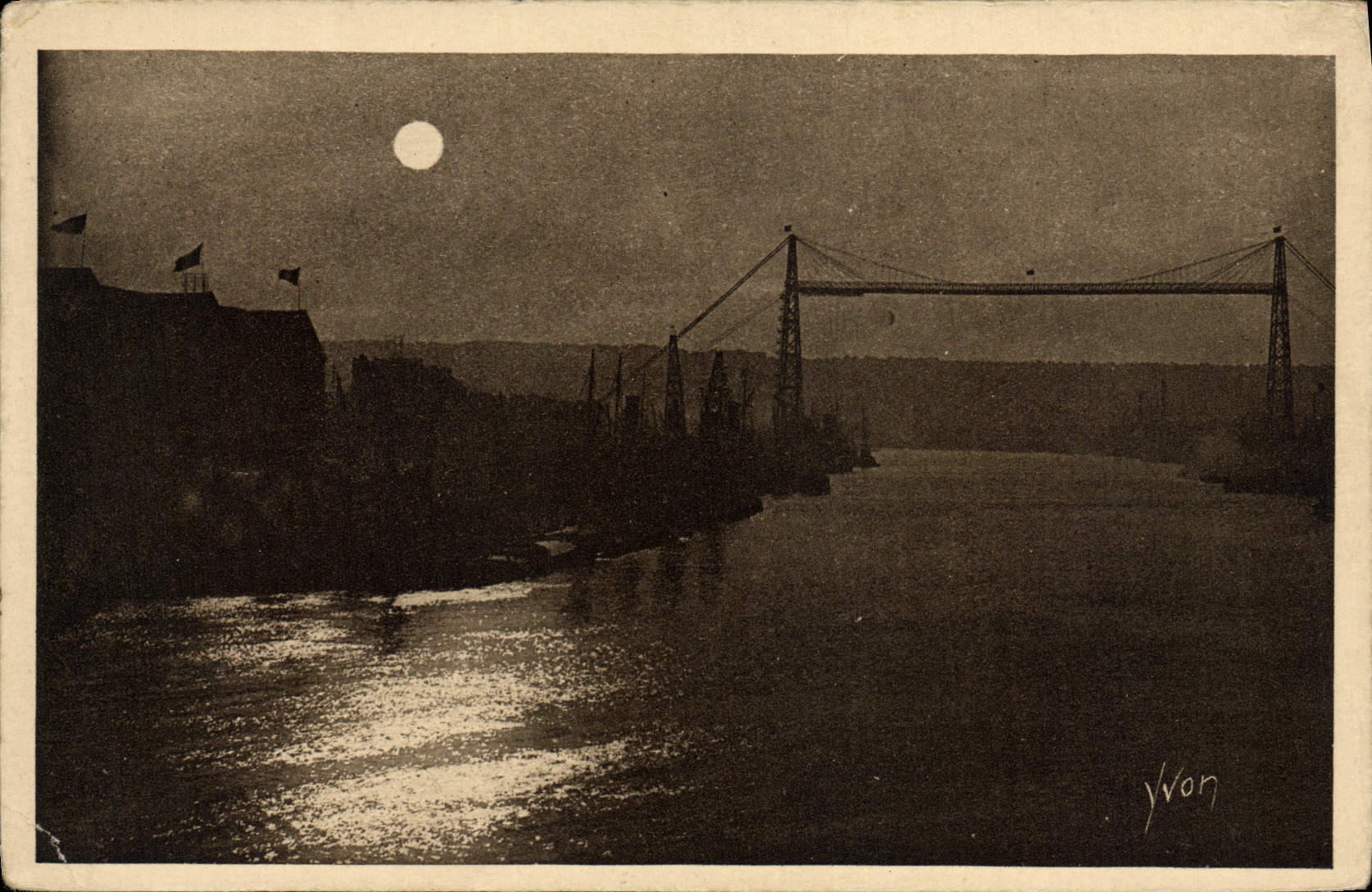 VINTAGE POSTCARD Soft Rouen France the transporter bridge with the moonlight