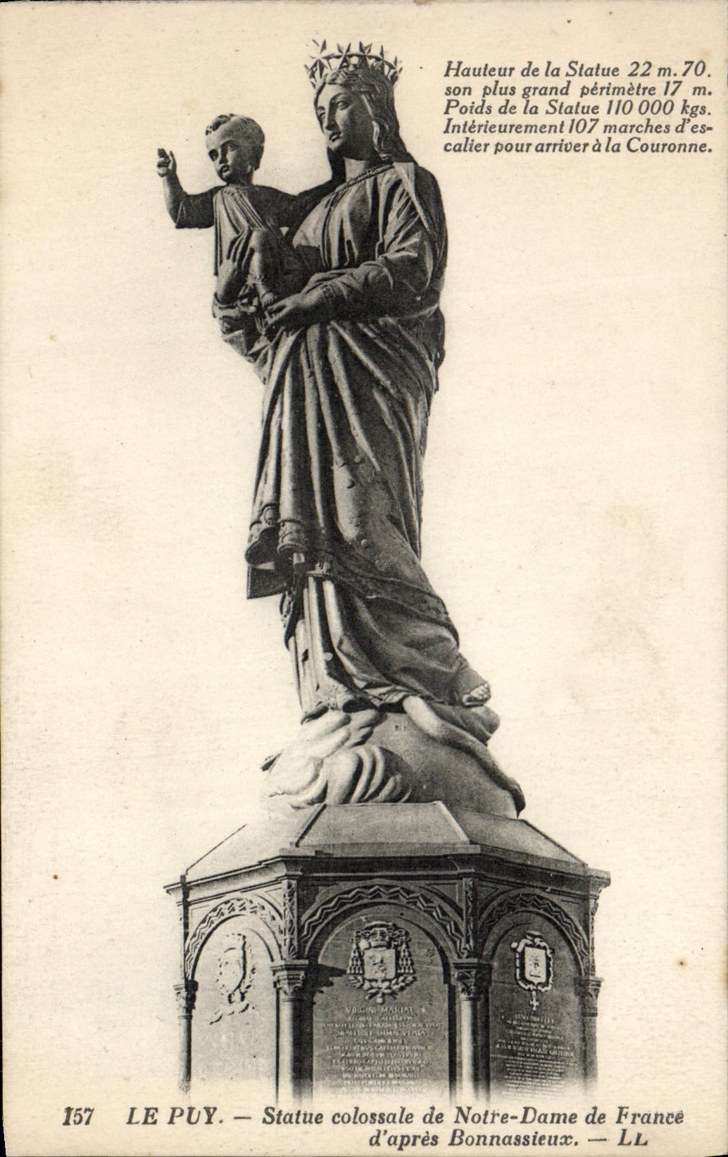 La POSTAL Puy de la VENDIMIA gobierna colosal de Notre Dame De Francia según Bonnassieux