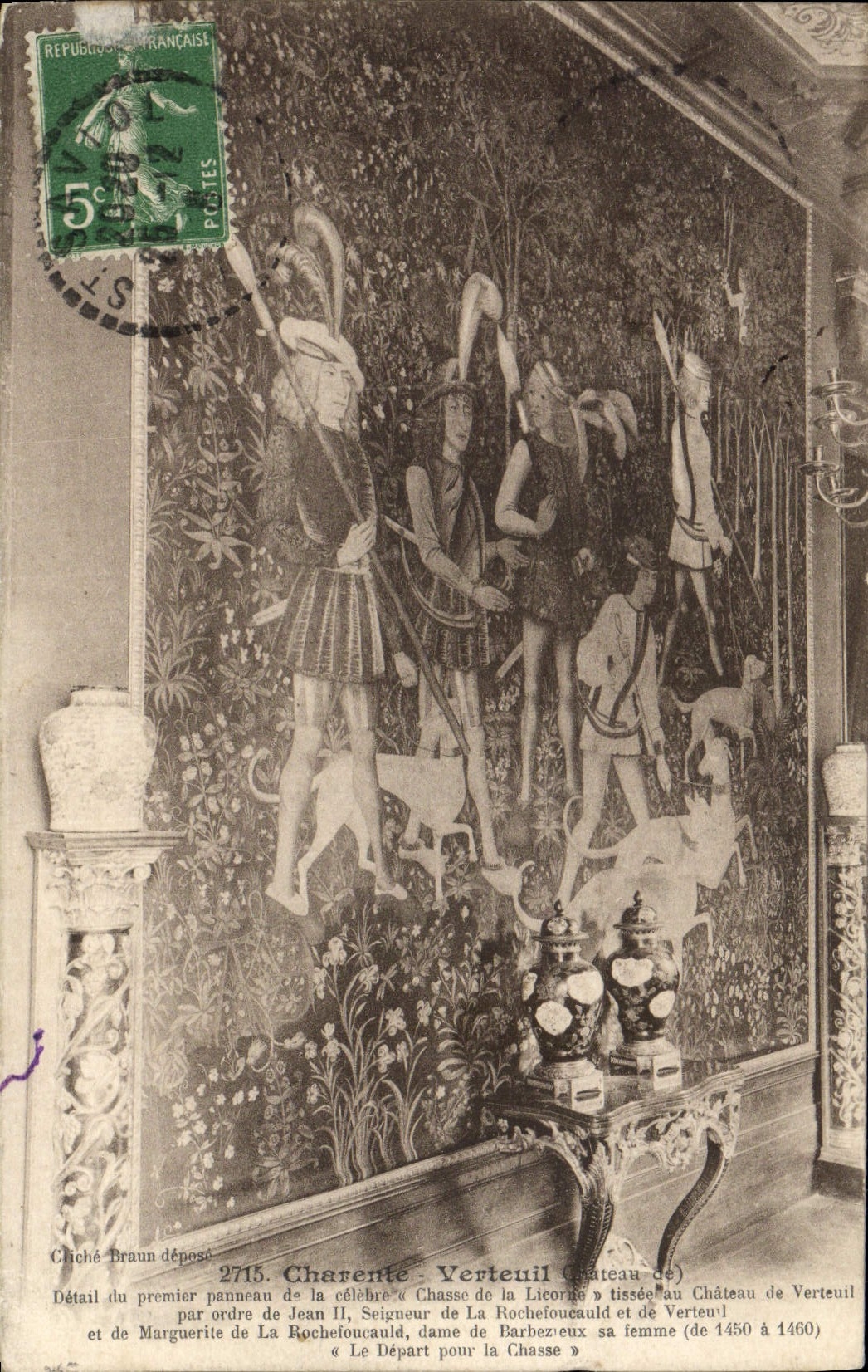 Detalle de Charente Verteuil de la POSTAL de la VENDIMIA del primer panel de la caza famosa para el unicornio