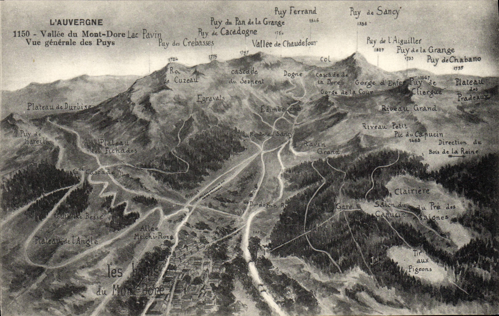 La POSTAL Auvergne Vallee de la VENDIMIA del montaje dora la vista de Puys