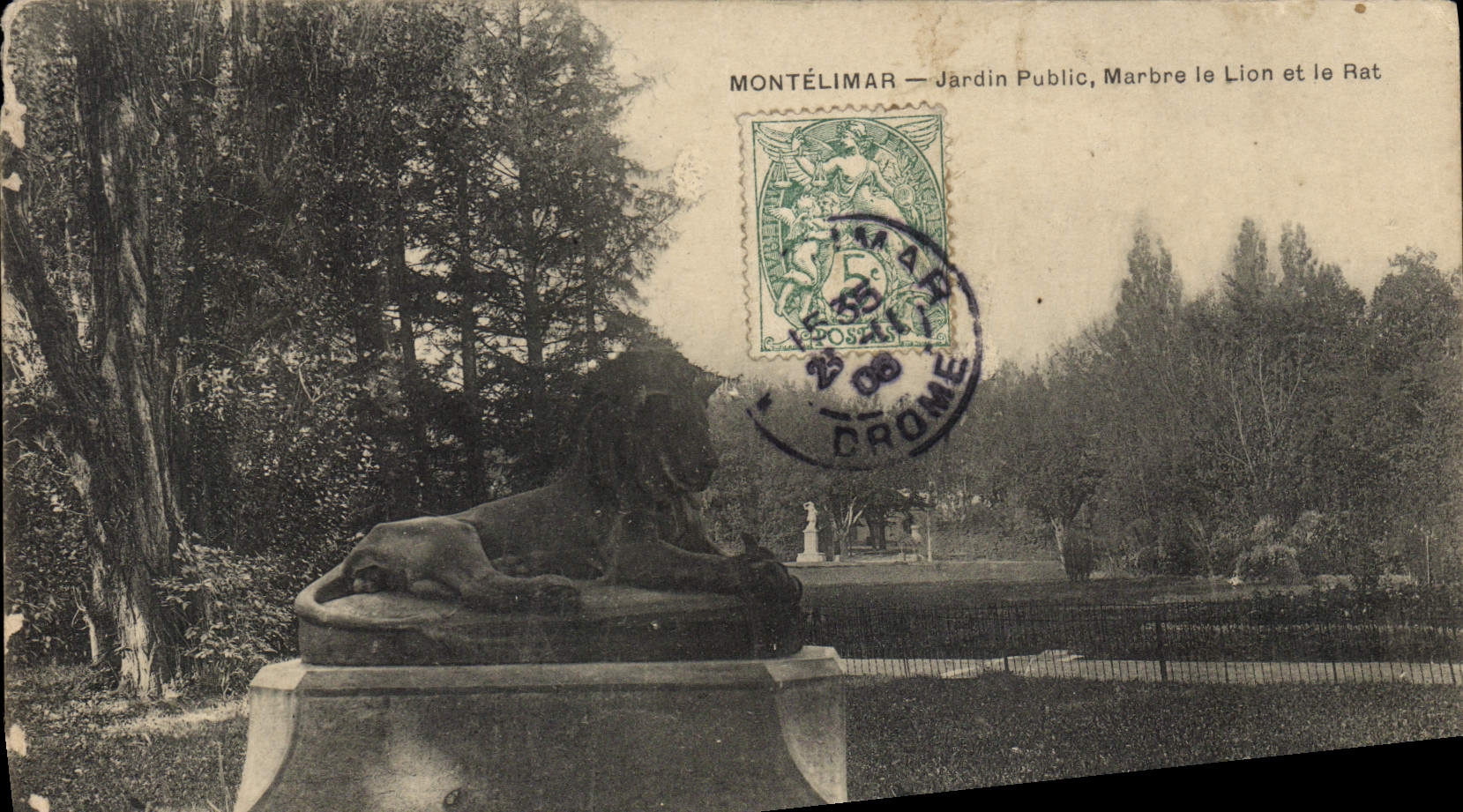 VINTAGE POSTCARD Montelimar Public garden Marble the Lion and Ret