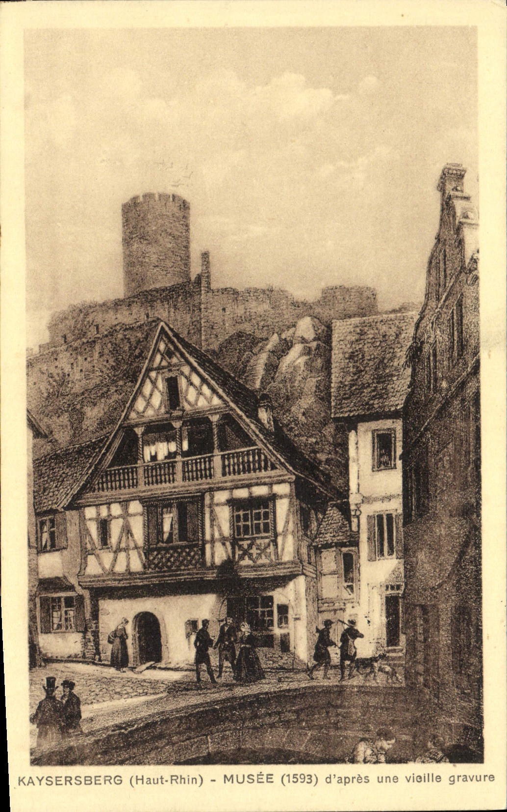 Museo de Kaysersberg de la POSTAL de la VENDIMIA según un grabado viejo