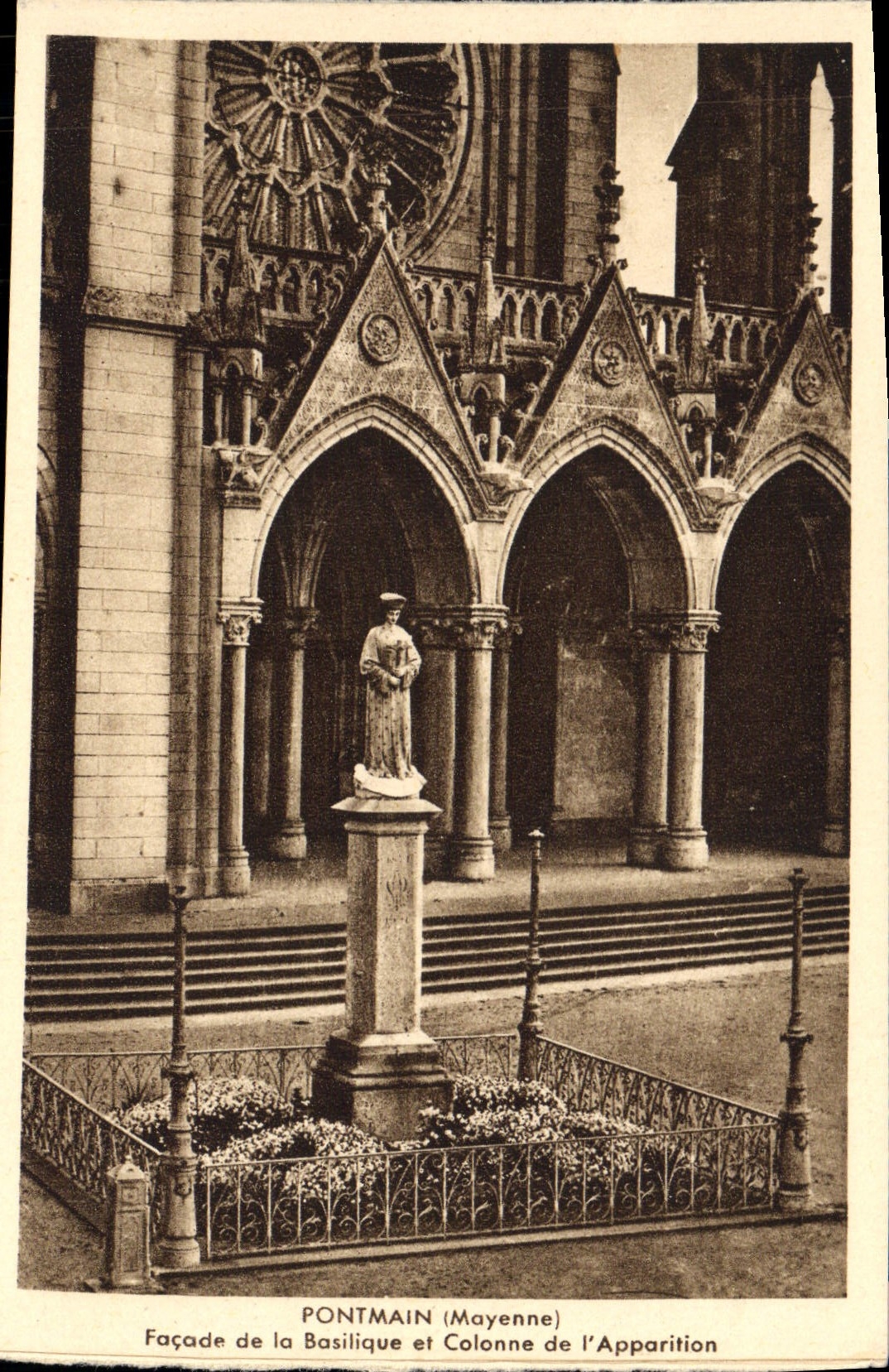 VINTAGE POSTCARD Pontmain Frontage of the Basilica and Column of the appearance
